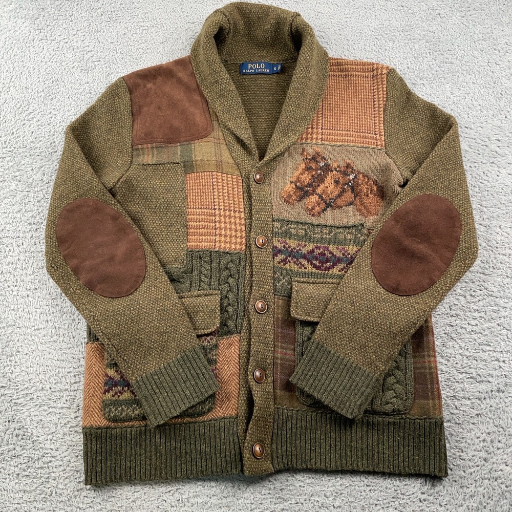 Polo Ralph Lauren Sweater Mens Small Patchwork Shawl Collar Cardigan Equestrian - Picture 2 of 13